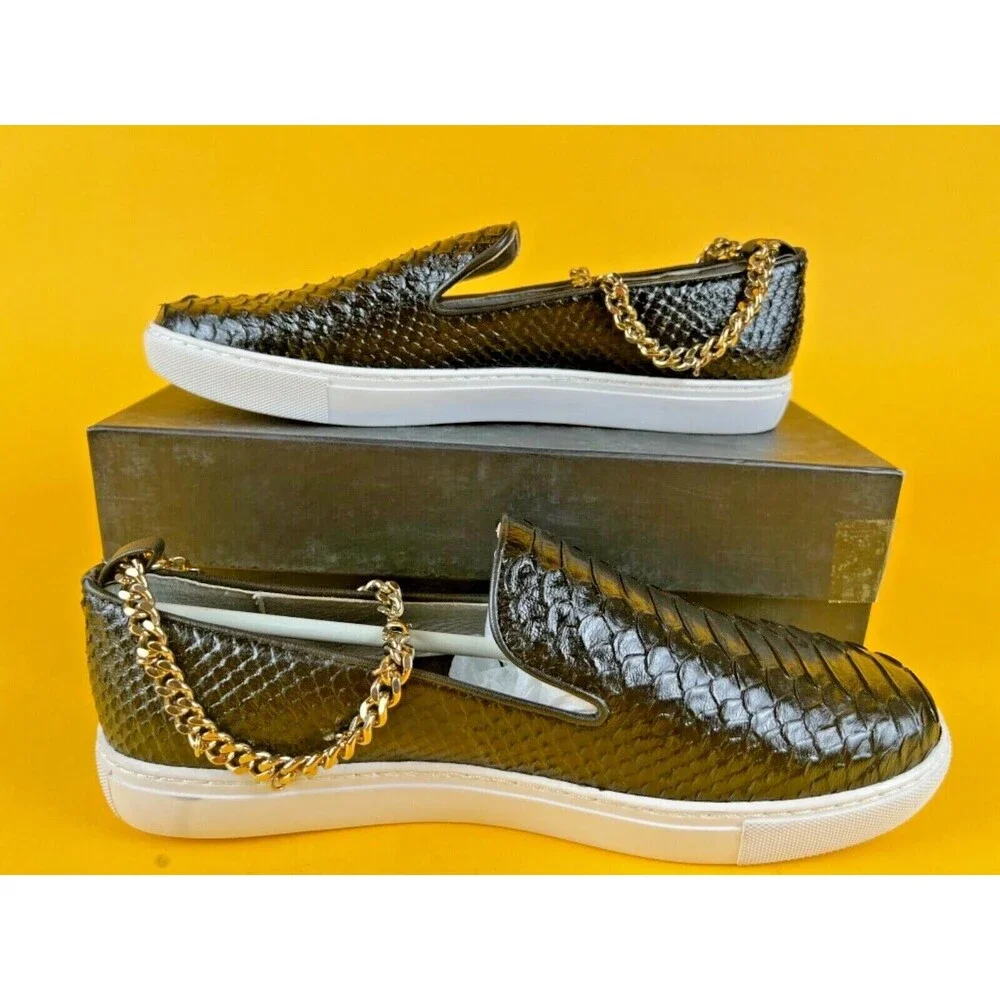 Mara & Mine Python Gold Chain Sneakers Womens 9 Black Embossed Slip On Shoes NWB